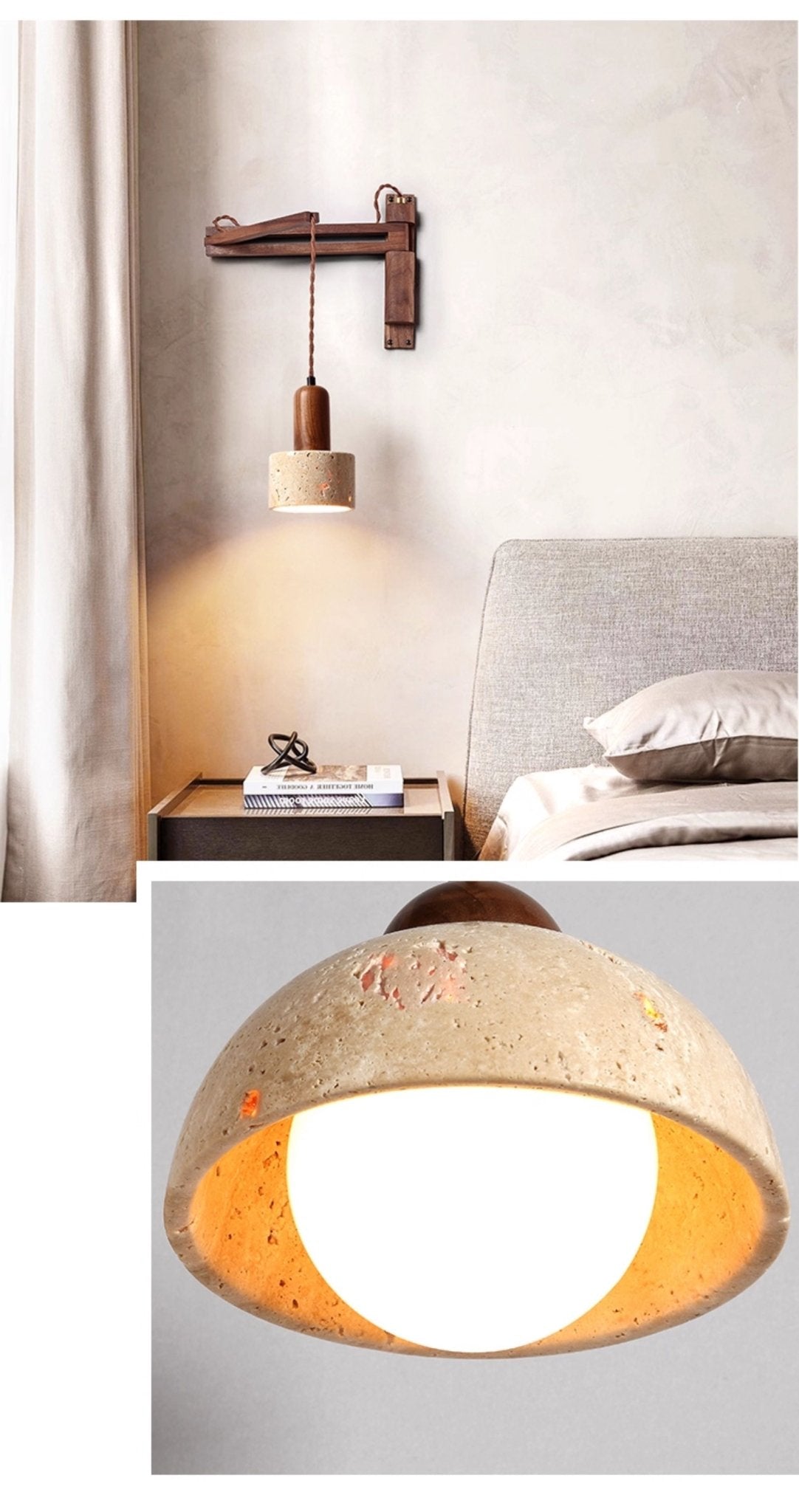Travertine Dome Wall Sconce with Adjustable Walnut Arm