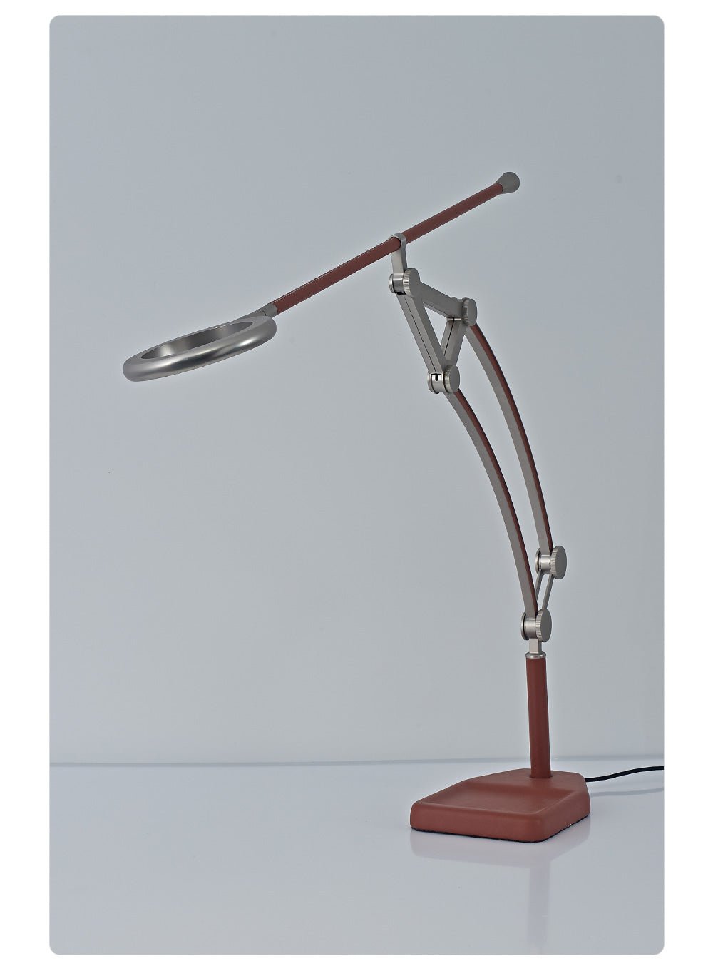 Sculptural Articulated LED Wall Lamp in Nickel with Leather Accent