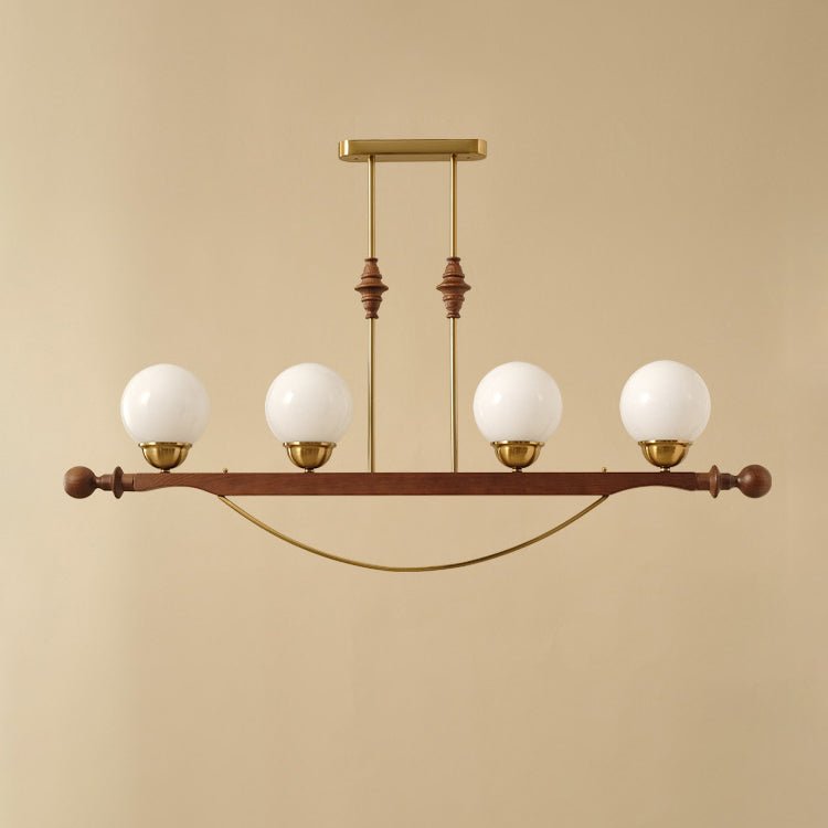 Adorned Linear Chandelier in Walnut and Brass with Glass Orbs