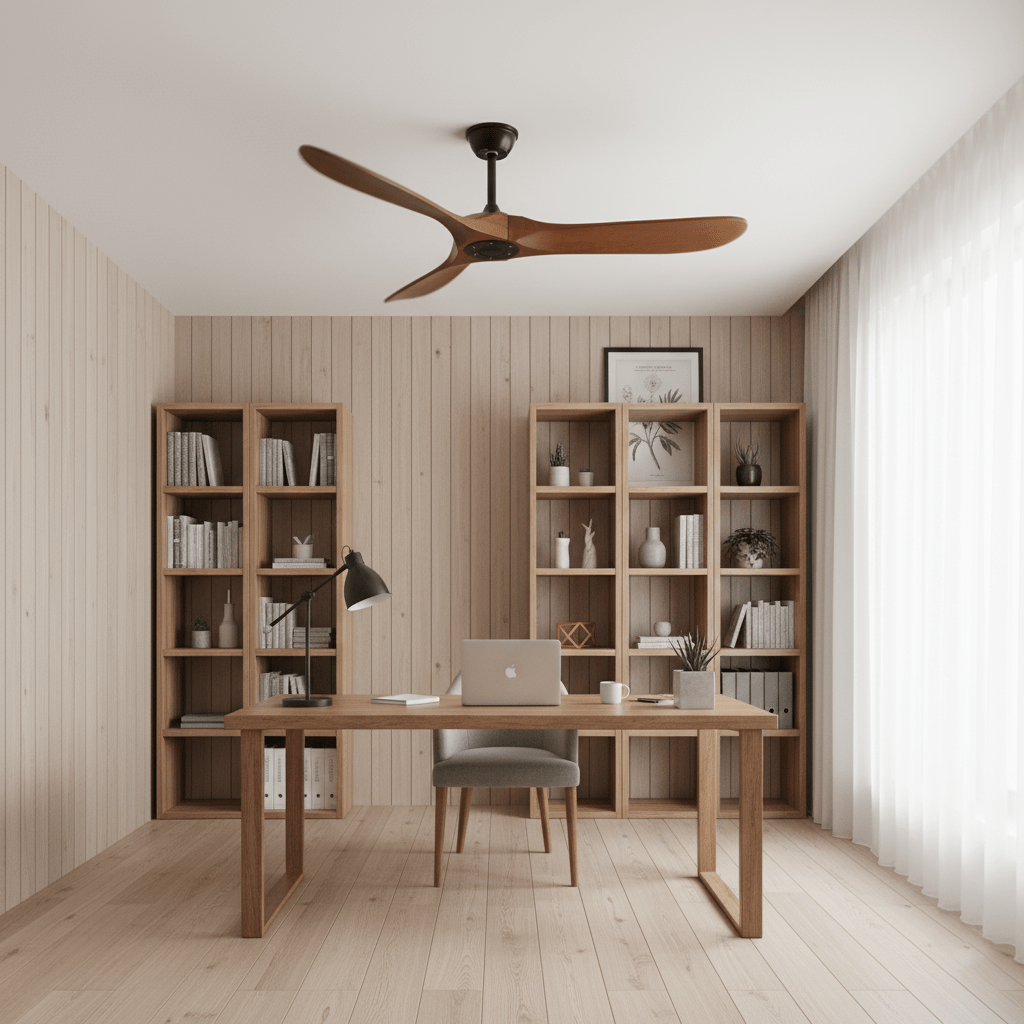 Aero Breeze Ceiling Fan — Sculpted Wood Blades & Whisper-Quiet DC Motor