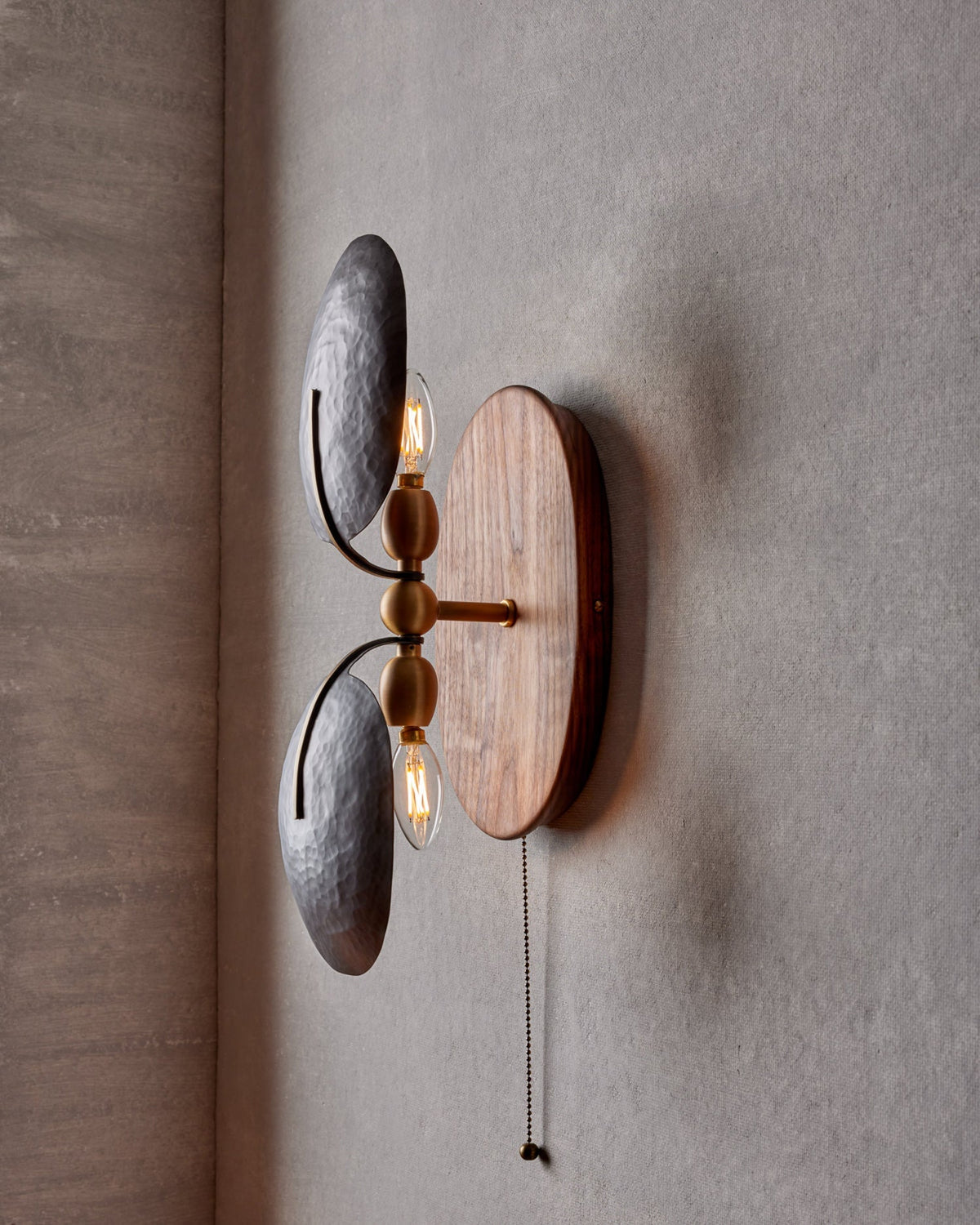 Aero Fan Wall Sconce – Hand-Forged Metal & Walnut Wall Light