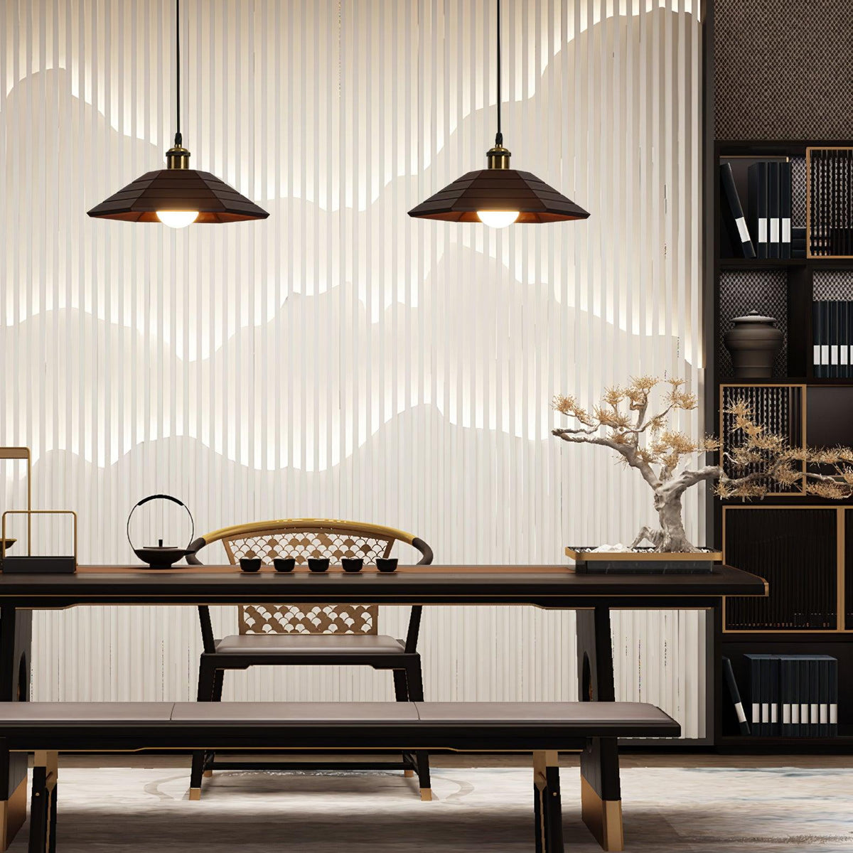 Umbrella Wooden Pendant Light – Modern Natural Wood & Gold Ceiling Lamp