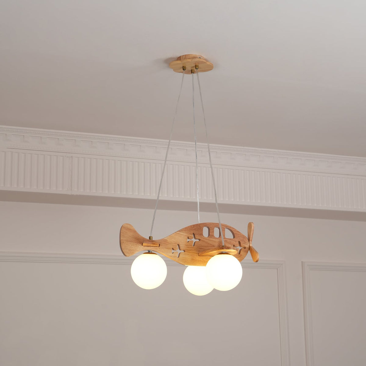 Aviator Pendant Light in Natural Wood and Opal Glass
