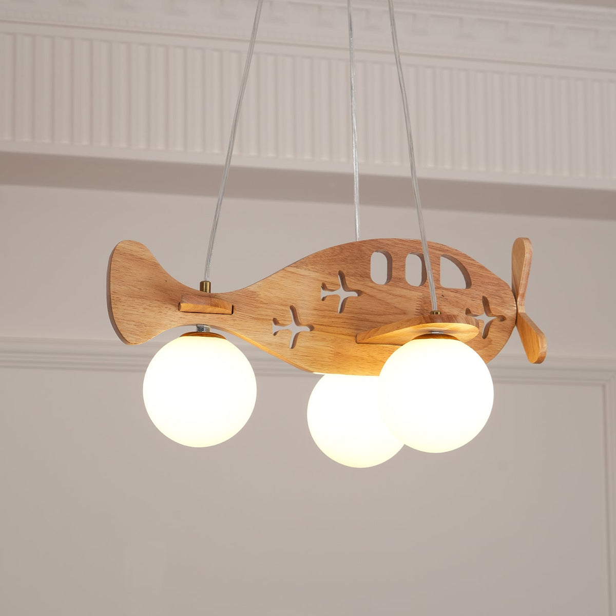 Aviator Pendant Light in Natural Wood and Opal Glass
