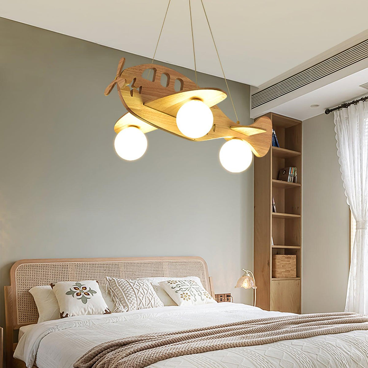 Aviator Pendant Light in Natural Wood and Opal Glass