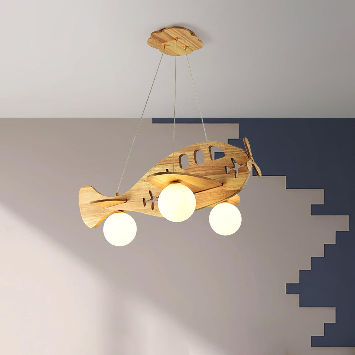 Aviator Pendant Light in Natural Wood and Opal Glass