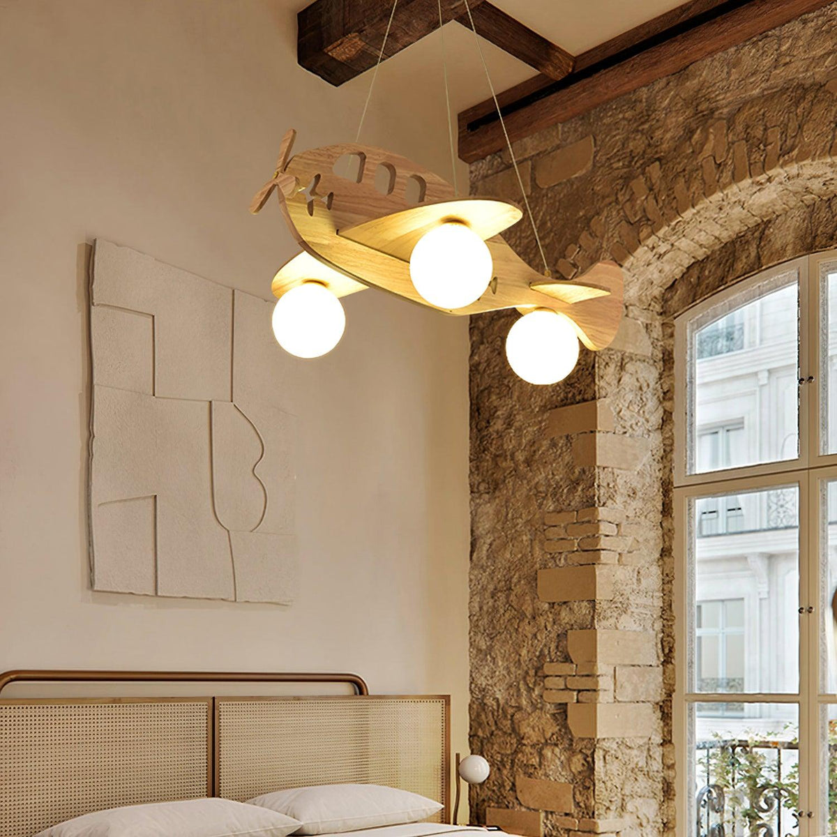 Aviator Pendant Light in Natural Wood and Opal Glass