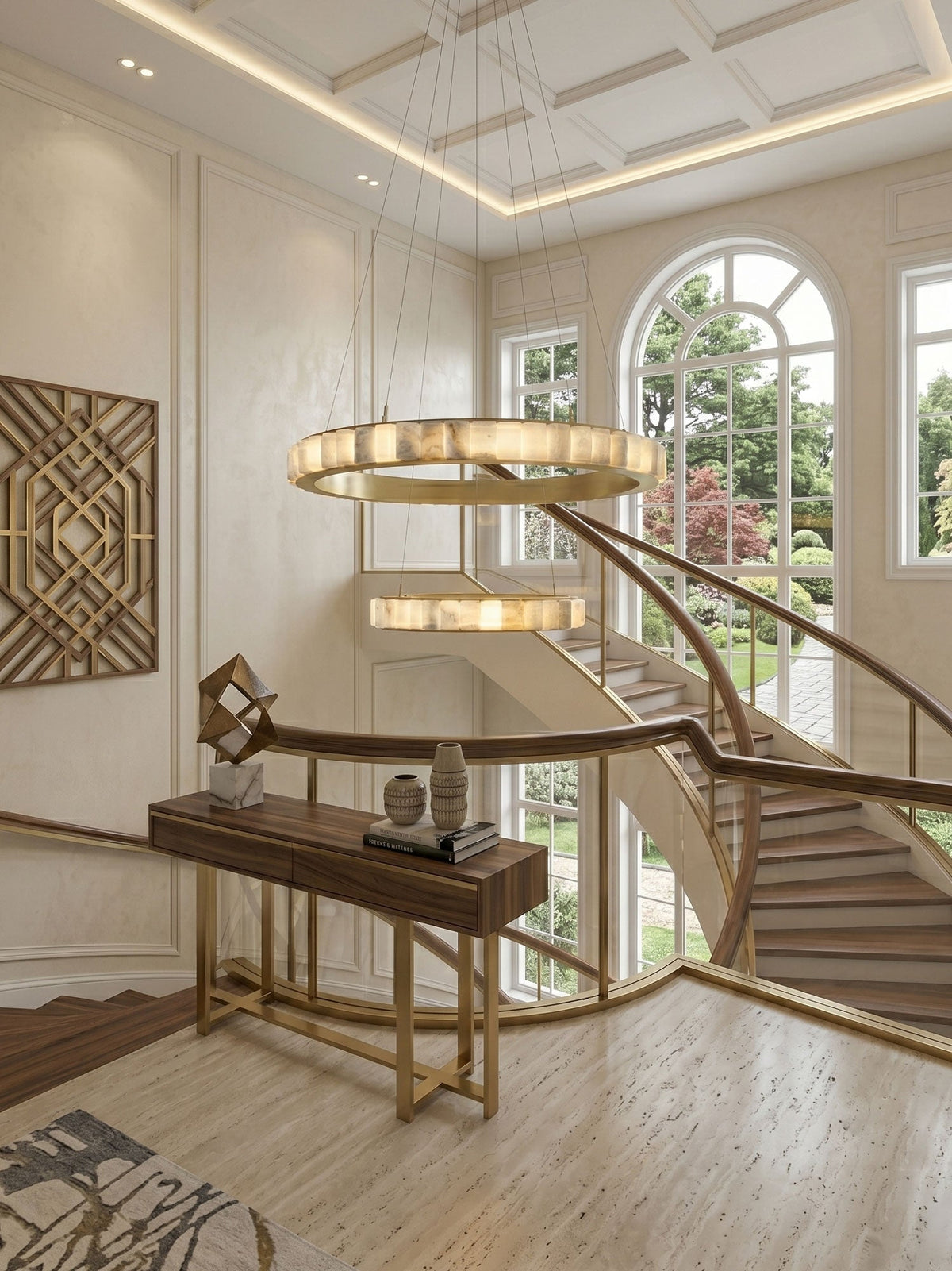 Avalon Halo Alabaster Chandelier – Modern Brass LED Pendant Light