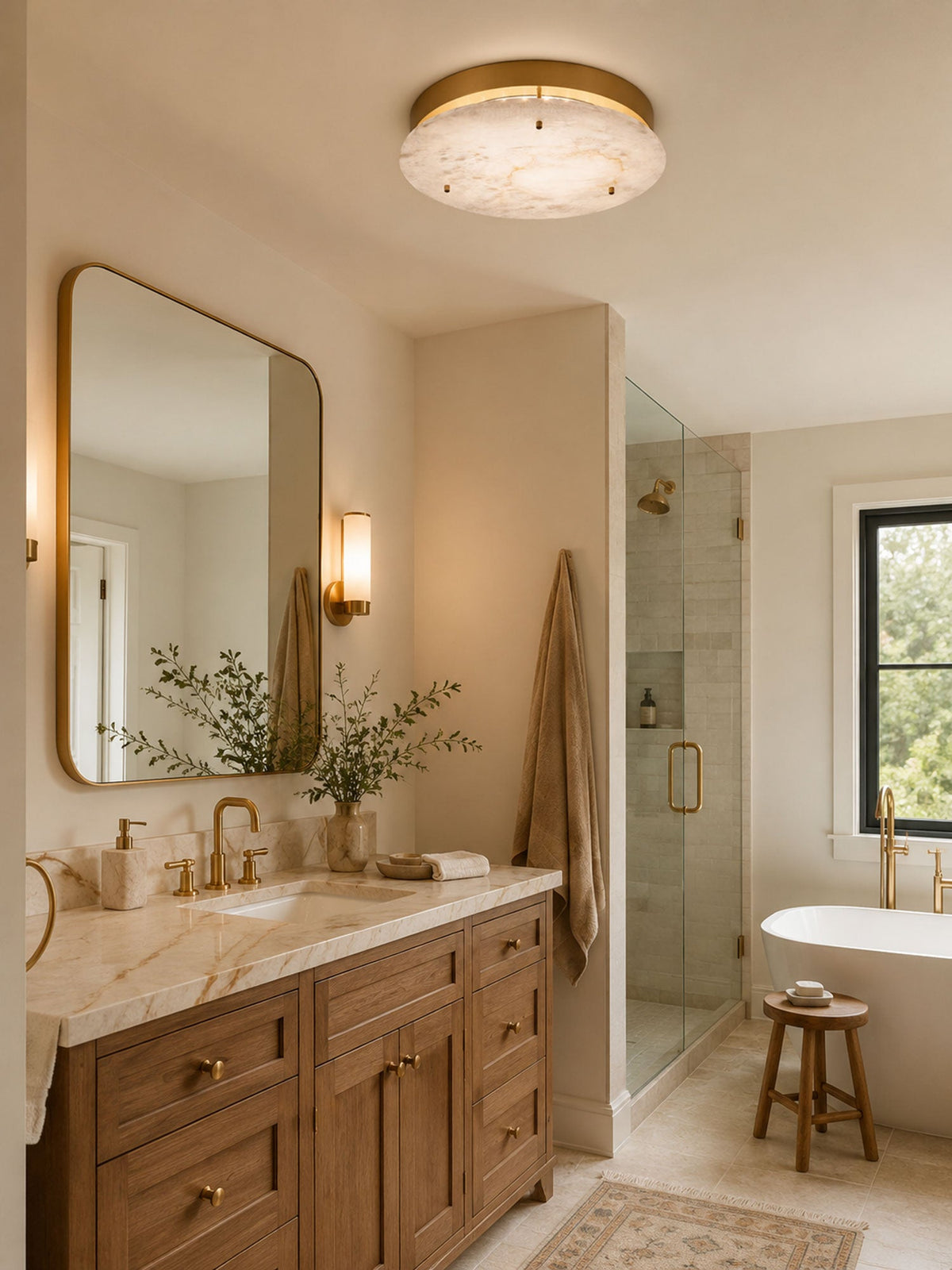 Alabaster Disc Ceiling Light in Brass | Flush Mount LED Lamp