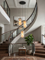 Hand-Carved Alabaster Cylinder Pendant Light in Glass Shell