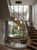 Hand-Carved Alabaster Cylinder Pendant Light in Glass Shell