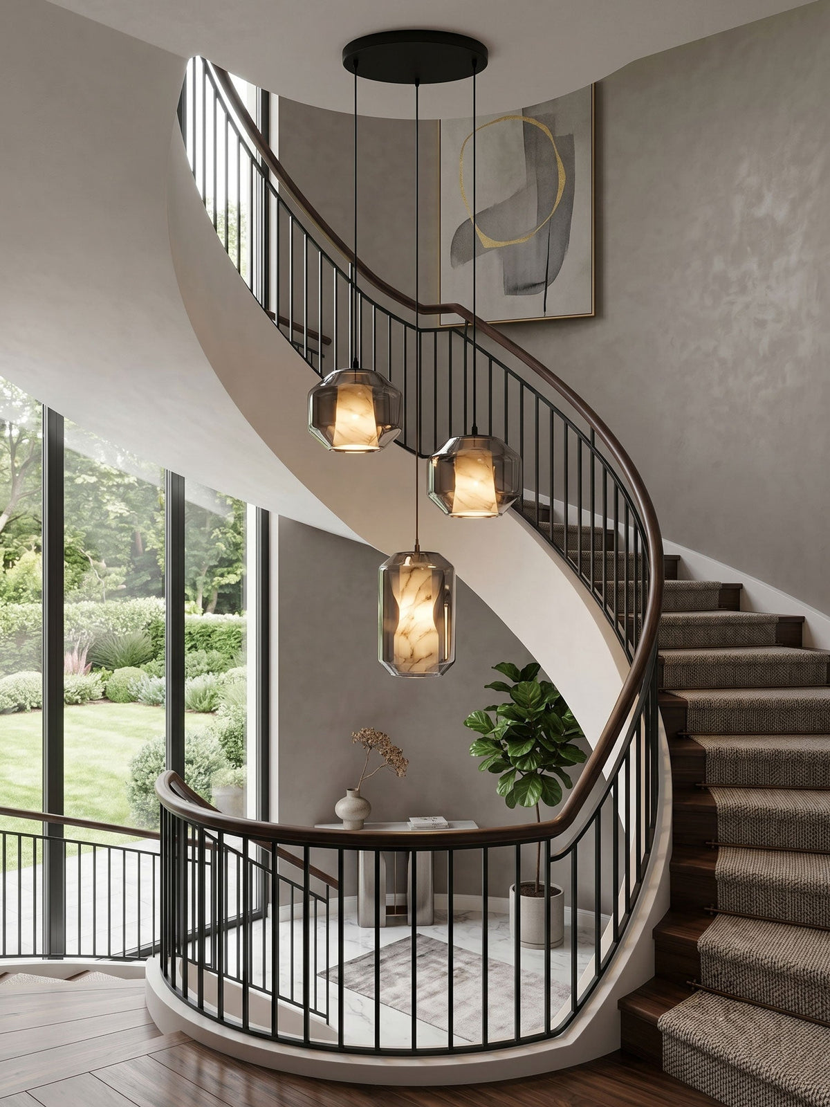 Hand-Carved Alabaster Cylinder Pendant Light in Glass Shell