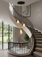 Hand-Carved Alabaster Cylinder Pendant Light in Glass Shell
