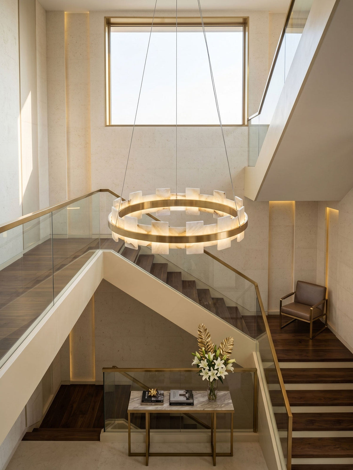 Avalon Halo Alabaster Chandelier – Modern Brass LED Pendant Light