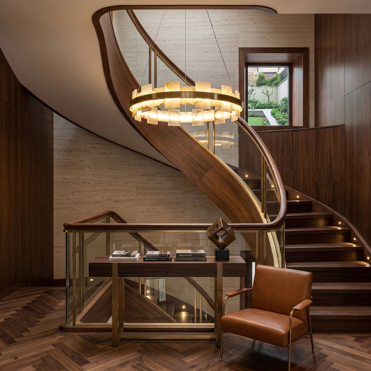 Avalon Halo Alabaster Chandelier – Modern Brass LED Pendant Light