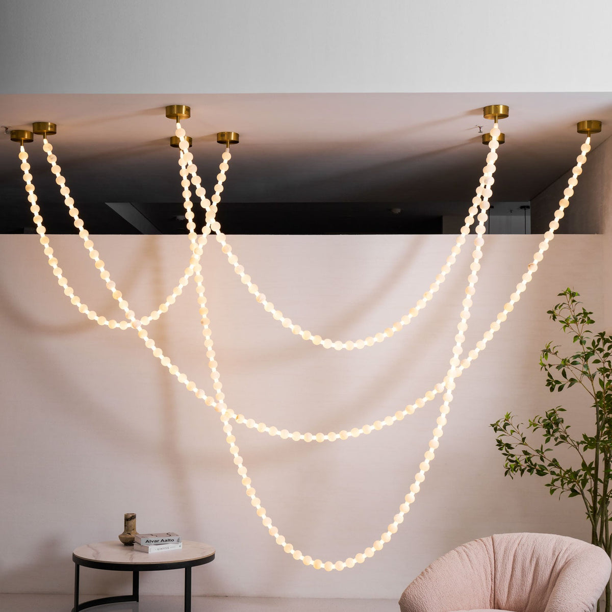 Alabaster Pearl Necklace Chandelier — Cascading Beaded LED Pendant Light