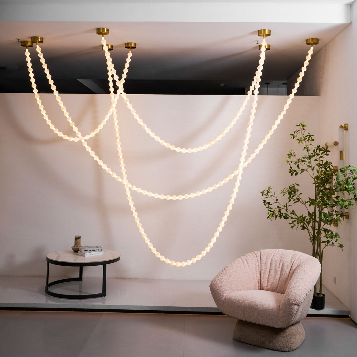 Alabaster Pearl Necklace Chandelier — Cascading Beaded LED Pendant Light