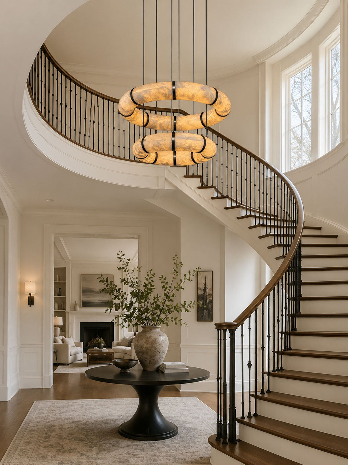 Alabaster Torus Double Ring Chandelier – Spanish Stone Halo Pendant Light