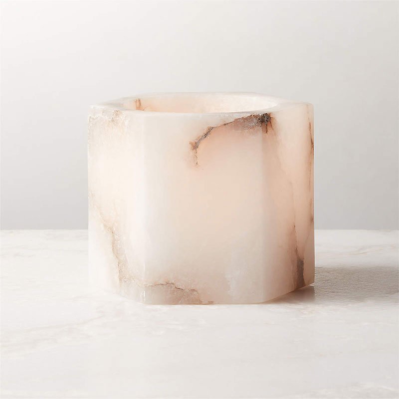 Sculpted Alabaster Cube Candle Holder – Ambient Glow for Modern Interiors