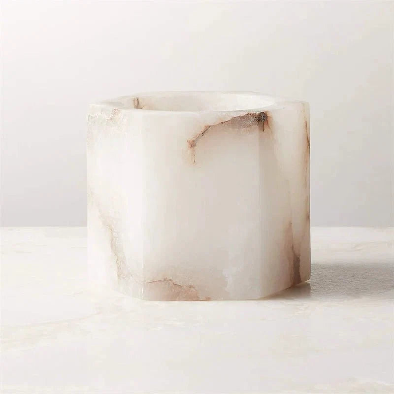 Sculpted Alabaster Cube Candle Holder – Ambient Glow for Modern Interiors