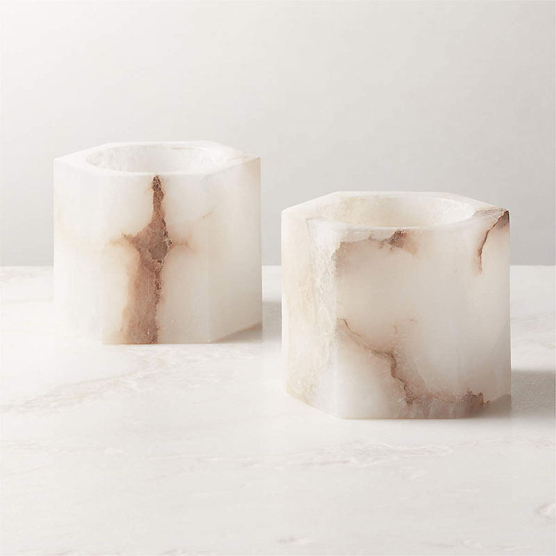 Sculpted Alabaster Cube Candle Holder – Ambient Glow for Modern Interiors