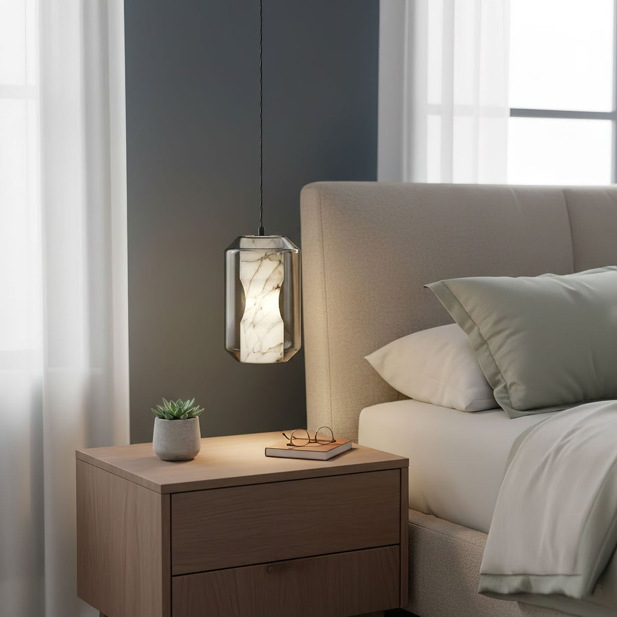 Hand-Carved Alabaster Cylinder Pendant Light in Glass Shell