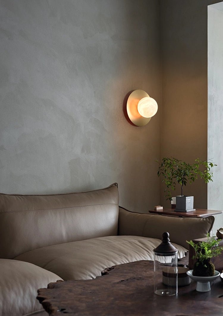 Round Alabaster Orb Wall Sconce in Brass for Modern Interiors