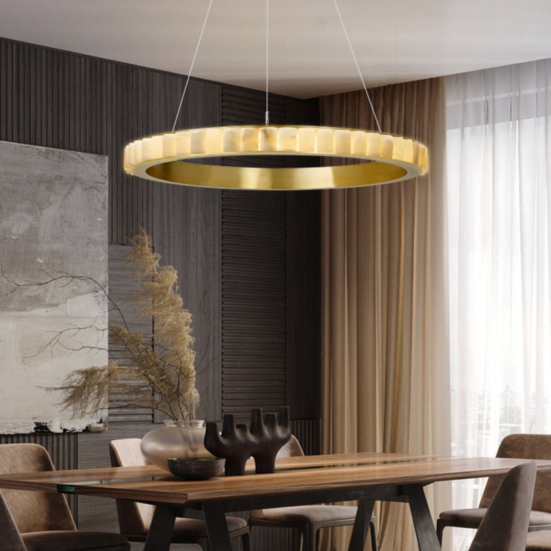 Avalon Halo Alabaster Chandelier – Modern Brass LED Pendant Light