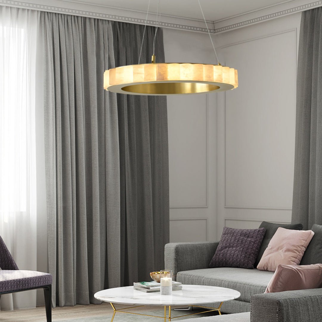 Avalon Halo Alabaster Chandelier – Modern Brass LED Pendant Light