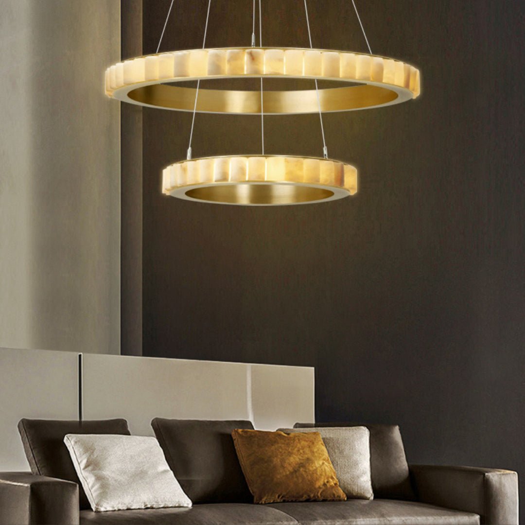 Avalon Halo Alabaster Chandelier – Modern Brass LED Pendant Light