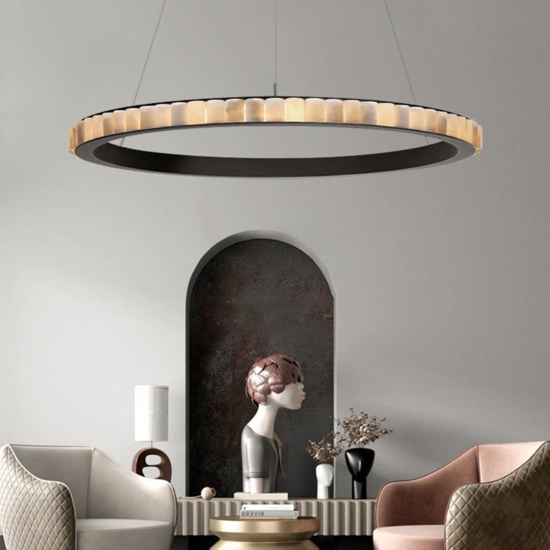 Avalon Halo Alabaster Chandelier – Modern Brass LED Pendant Light