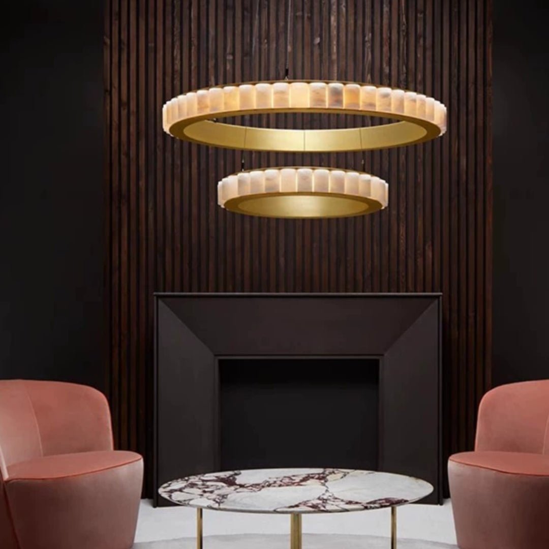 Avalon Halo Alabaster Chandelier – Modern Brass LED Pendant Light