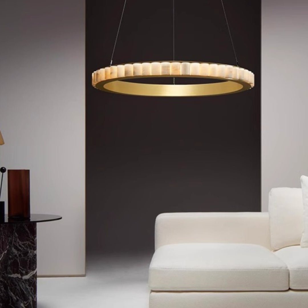 Avalon Halo Alabaster Chandelier – Modern Brass LED Pendant Light