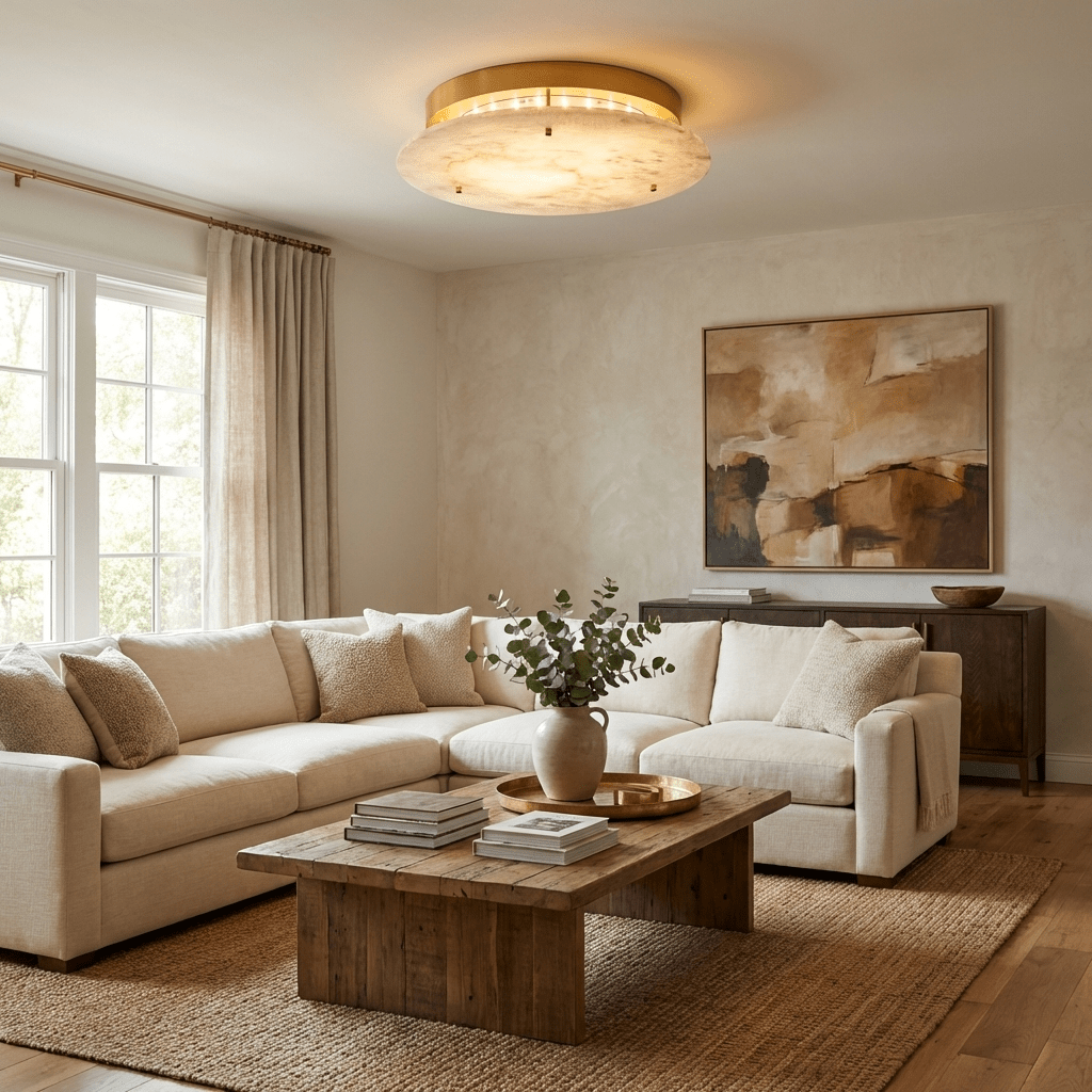 Alabaster Disc Ceiling Light in Brass | Flush Mount LED Lamp