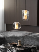 Hand-Carved Alabaster Cylinder Pendant Light in Glass Shell
