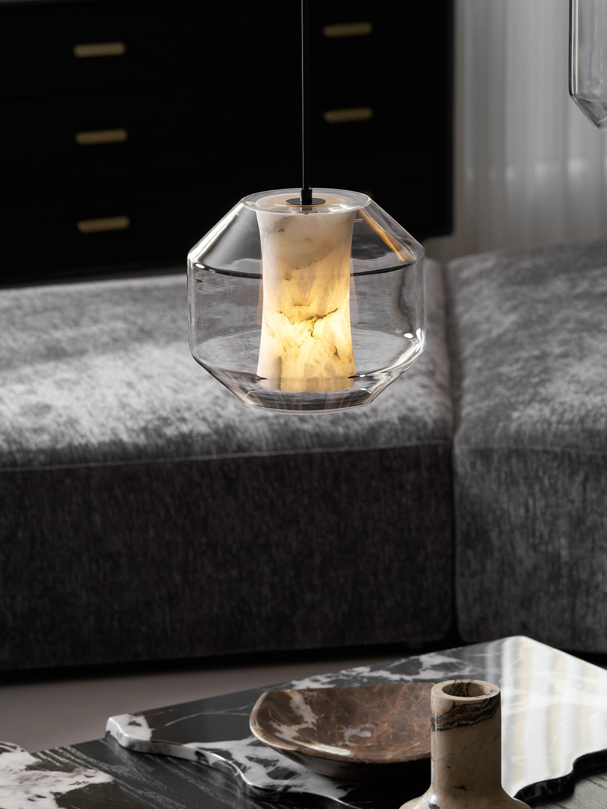 Hand-Carved Alabaster Cylinder Pendant Light in Glass Shell