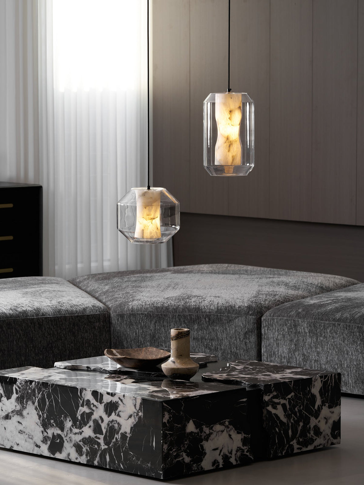 Hand-Carved Alabaster Cylinder Pendant Light in Glass Shell