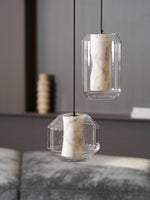 Hand-Carved Alabaster Cylinder Pendant Light in Glass Shell