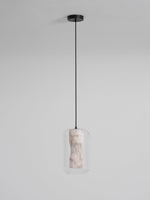 Hand-Carved Alabaster Cylinder Pendant Light in Glass Shell