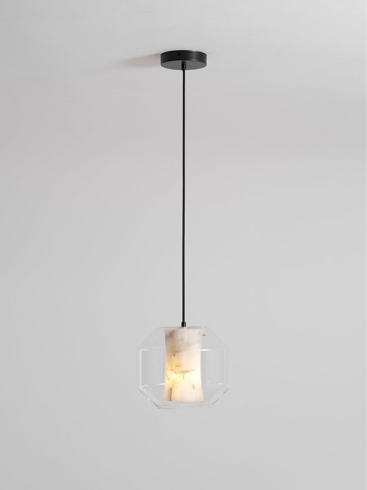 Hand-Carved Alabaster Cylinder Pendant Light in Glass Shell
