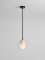 Hand-Carved Alabaster Cylinder Pendant Light in Glass Shell