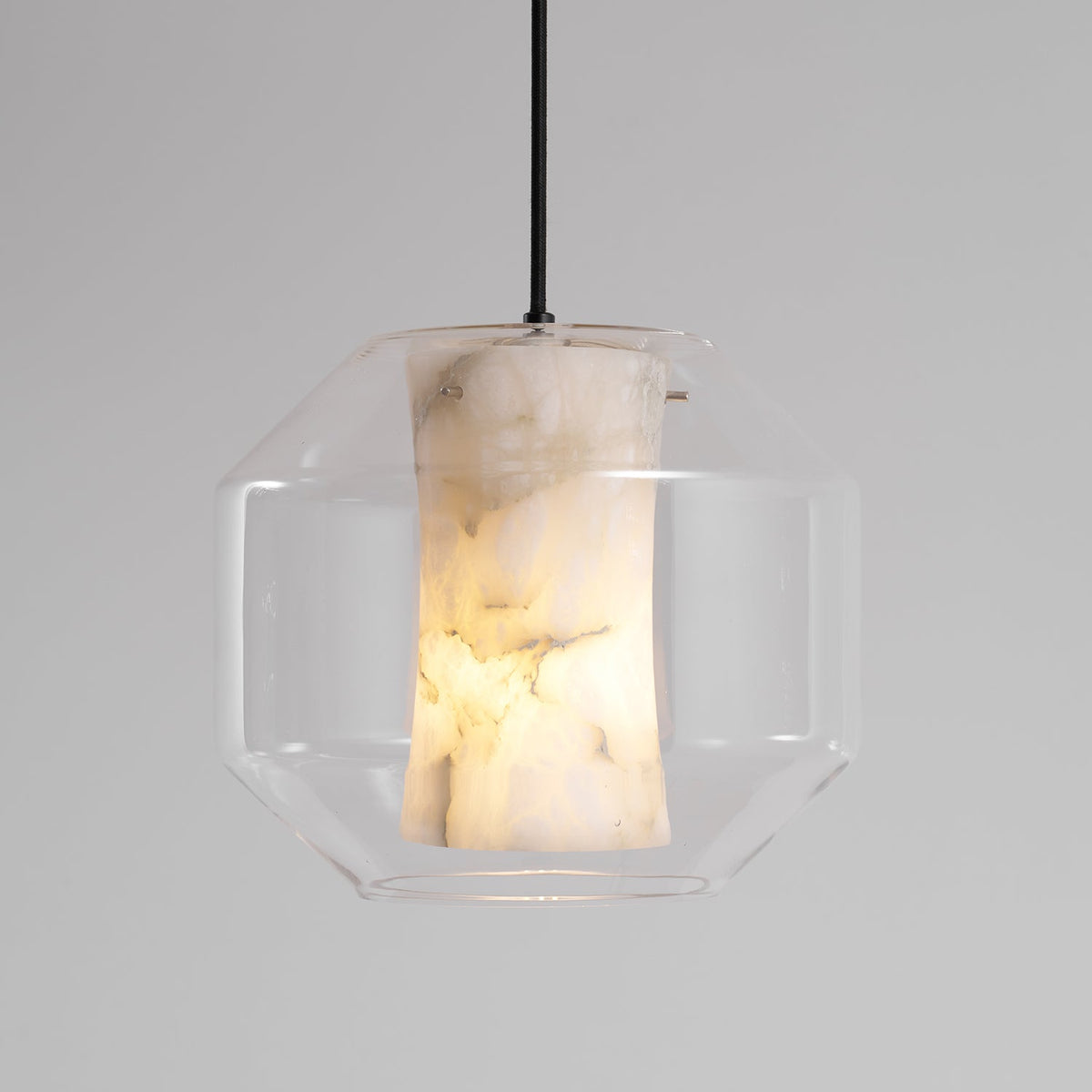 Hand-Carved Alabaster Cylinder Pendant Light in Glass Shell