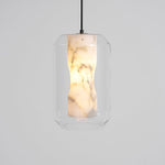 Hand-Carved Alabaster Cylinder Pendant Light in Glass Shell