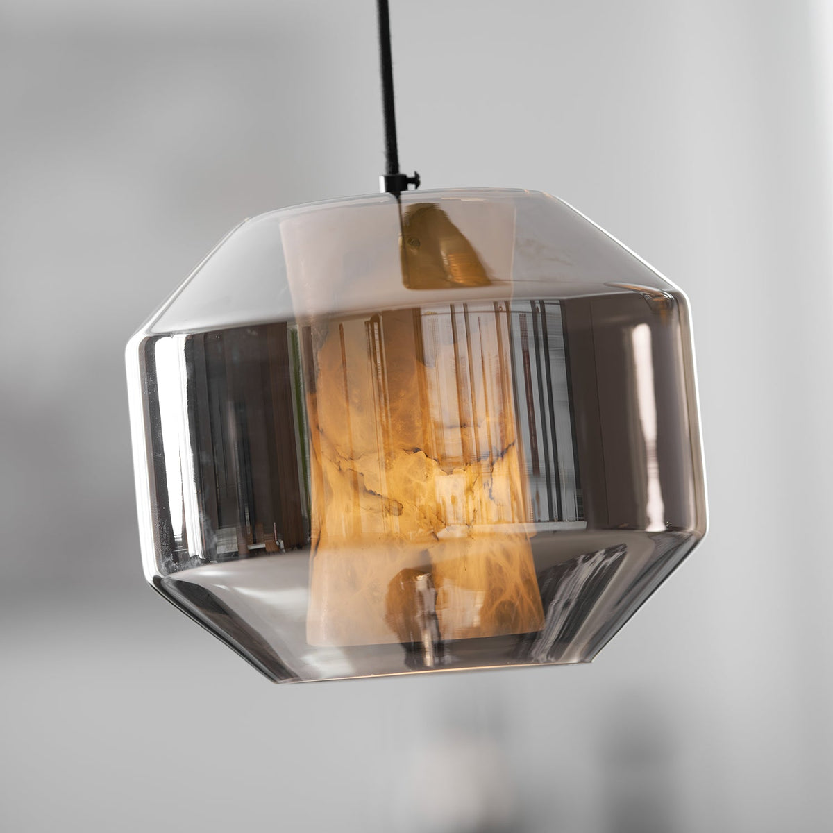 Hand-Carved Alabaster Cylinder Pendant Light in Glass Shell