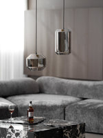 Hand-Carved Alabaster Cylinder Pendant Light in Glass Shell