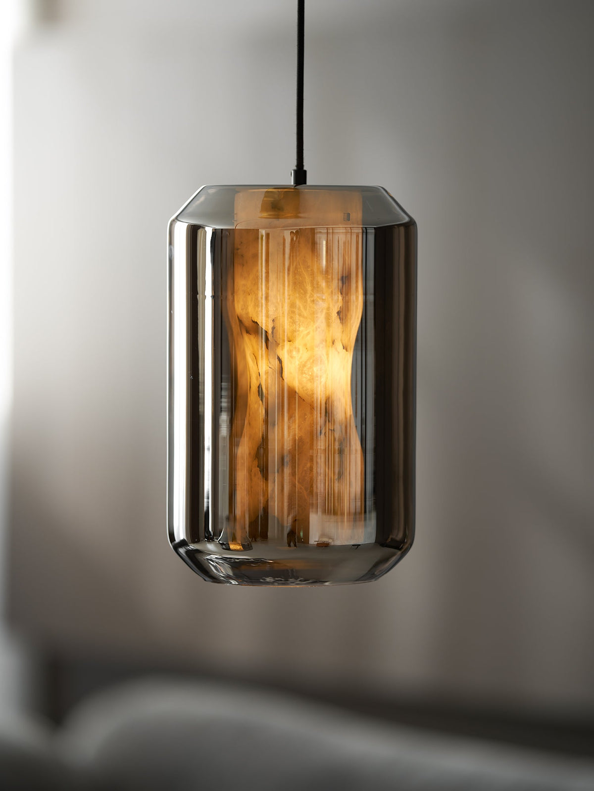 Hand-Carved Alabaster Cylinder Pendant Light in Glass Shell
