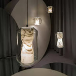 Hand-Carved Alabaster Cylinder Pendant Light in Glass Shell