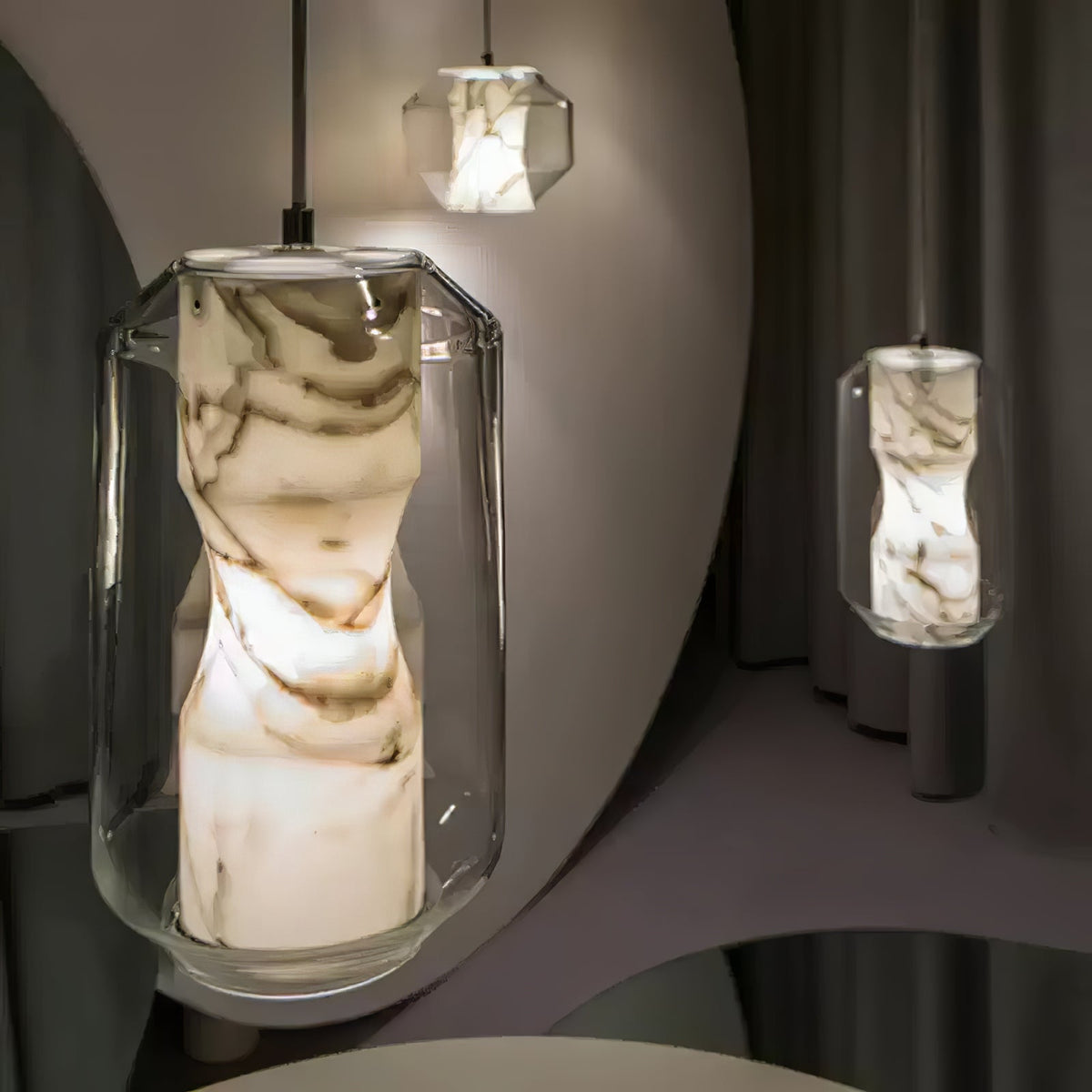 Hand-Carved Alabaster Cylinder Pendant Light in Glass Shell