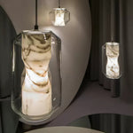 Hand-Carved Alabaster Cylinder Pendant Light in Glass Shell