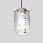 Hand-Carved Alabaster Cylinder Pendant Light in Glass Shell